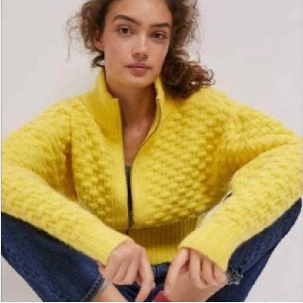 Anthropologie Yellow Textured Zip-Front Sweater